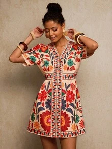 Travachic V-Neck Printed Woven Mini Dress For Women, Vacation,National Day,  New Year Clothes,  Going Out Outfit, Luxury Elegant Graduation, African Print Dress, Mexican Style Dress Women, Boho Dress For Women,Fall Winter Clothes, Christmas Party, New Year, Wedding Guest Outfits, Elegant Graduation, Luxury Prom Dress, Casual Outfits - Multicolor - View 1