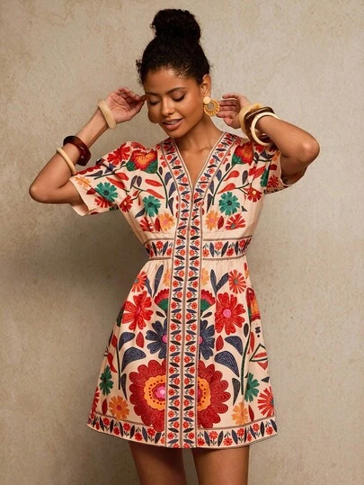 Travachic V-Neck Printed Woven Mini Dress For Women, Vacation,National Day,  New Year Clothes,  Going Out Outfit, Luxury Elegant Graduation, African Print Dress, Mexican Style Dress Women, Boho Dress For Women,Fall Winter Clothes, Christmas Party, New Year, Wedding Guest Outfits, Elegant Graduation, Luxury Prom Dress, Casual Outfits
