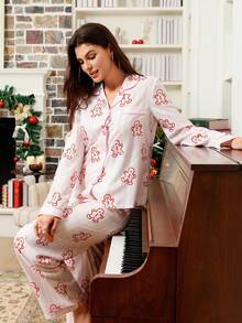 Conjunto de pijama rosa com estampa de boneco de gengibre listrado com tema natalino, aconchegante e elegante, ideal para o outono e inverno. - Rosa - Ver 3