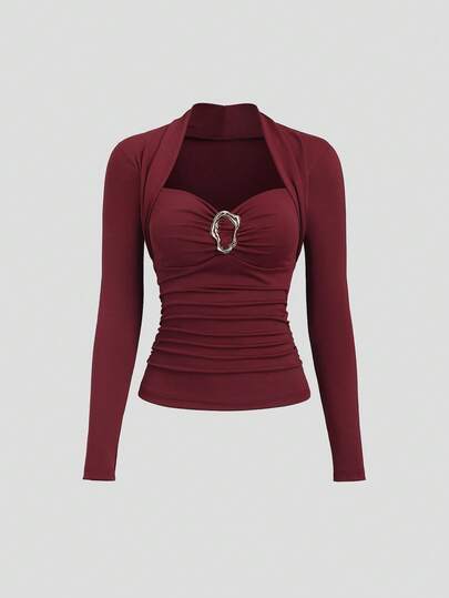 Sweetra New Autumn Metal Decor Button Hollow Out Women T-Shirt, Christmas