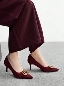 CUCCOO BIZCHIC Neue burgunderrote High Heels, modisch elegant mit spitzer Zehenkappe, Metallschnalle, Wildleder, bequeme Damen High Heel Pumps