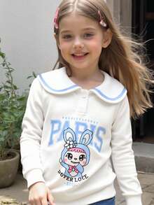1pc Girls Cute Casual Collegiate Style Button Decor Peter Pan Collar Long Sleeve Rabbit Print Sweatshirt Fall Winter - White - View 3