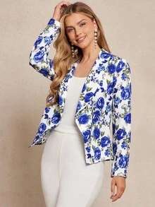 SHEIN Clasi Floral Print Open Front Blazer In Fall/Winter - Blue and White - View 4