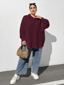 SHEIN Essnce Plus Size Women's Burgundy Autumn Casual Long-Sleeved Button-Down Shirt,Everyday Loose Oversize Tops,Old Money Style Work Fall High Side Slit Shirt - Burgundy - View 5