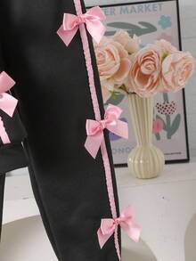 Elladie kids 年轻女孩 2 件套休闲时尚运动衫和裤子套装，粉色丝带和蝴蝶结装饰，长袖圆领套头衫搭配松紧腰慢跑裤，适合上学，秋冬 - 黑色 - 查看 7