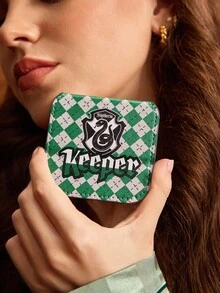 FanGlow HARRY POTTER X SHEIN Slytherin Diamond Pattern Green & White Square Stainless Steel Makeup Mirror – Portable Compact For Makeup Lovers, Multi-Scene Use - Multicolor - View 4