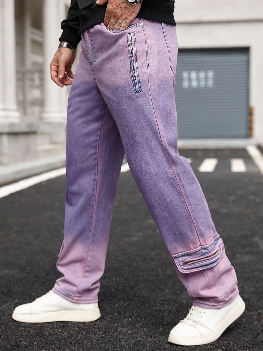 Manfinity LEGND Men's Personalized Washed Purple High Street Loose Straight Jeans - Purple - View 1