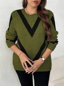 Elenzga 大码女式休闲时尚修身圆领长袖提花针织套头衫，秋冬 - 軍綠色 - 查看 5