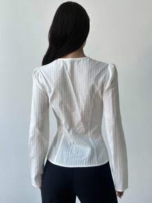 Firerie Women's Elegant Off-White Autumn Dinner Date Lace Patchwork V-Neck Long Sleeve Button Front Cotton Blend Fitted Shirt,Daily Casual Commute Office Wear - White - View 7