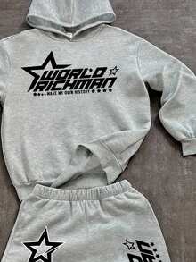 SHEIN Bolty 2pcs/Set Teen Boy Casual Pentagram & Text Graphic Print Hoodie Sweatshirt And Sweatpants Set, Suitable For Autumn/Winter Fall - Grey - View 2