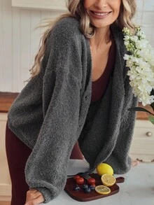 Louniche Women's Fashionable Soft Fluffy Lantern Sleeve Cardigan, Autumn/Winter - Grey - View 1