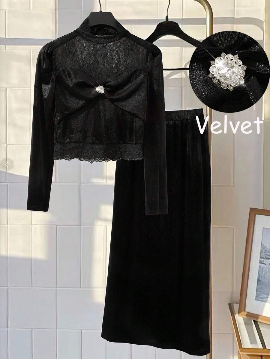 Franclia Women's Simple And Elegant Solid Color Velvet Lace Paneled High - Neck Diamond - Embellished Long - Sleeve Top And Velvet Solid Color Midi Skirt Set, Women's Elegant Black Two - Piece Outfit Autumn Fall Clothes For Women Autumn Clothes Autumn Outfits For Women Elegant Women's Set Elegant Set For Women Elegant Set Formal Set For Women Formal Set Luxury Women's Two-Piece Set Luxury Blouses Luxury Skirt Chic Women's Set Shiny Set Glitter Set