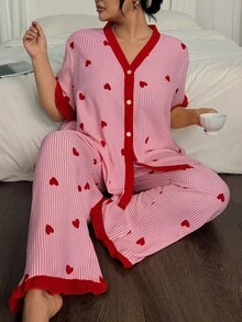 Eraneu 2pcs Plus Size Striped Heart Print Cardigan Top And Pants Pajama Set