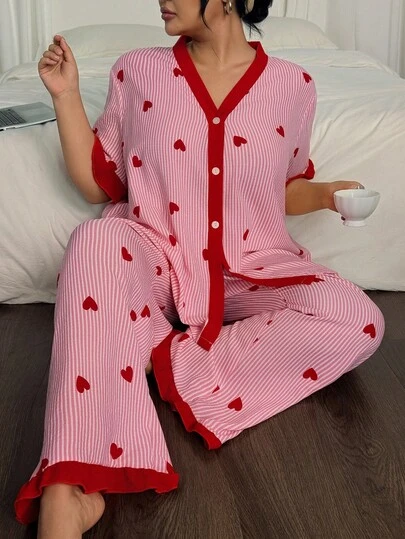 Eraneu 2pcs Plus Size Striped Heart Print Cardigan Top And Pants Pajama Set