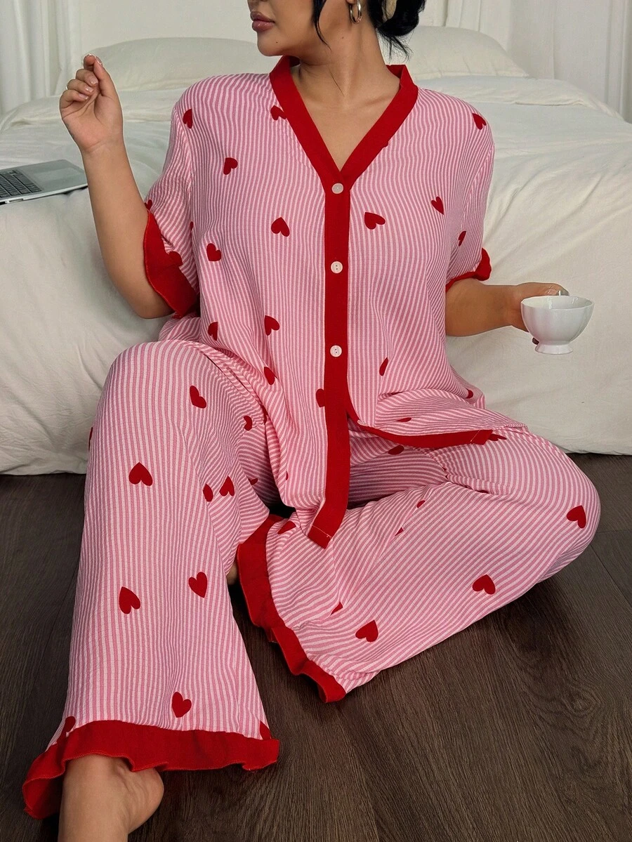 Eraneu 2pcs Plus Size Striped Heart Print Cardigan Top And Pants Pajama Set