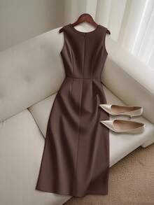 Lumivelle Waist Ruched Criss-Cross Back Cami Dress - Brown - View 2