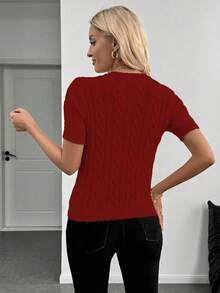 EMERY ROSE Blogger-Inspired Twist Rope Decor Round Neck Knit Sweater, Versatile For Autumn/Winter Cute Red Top Dark Red Top Knit Tops Red Sweater Knit Top Women, Christmas - Red - View 2