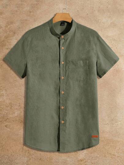 HIMLAND Men's Casual Letter Leather Patch Decor Stand Collar Slim Fit Short Sleeve Shirt Short Sleeve Button Up Shirt Men S Men Short Sleeve Button Up Shirt Men Shirts Short Sleeve Color Green Khaki Shirt Men Linen Button Up Men