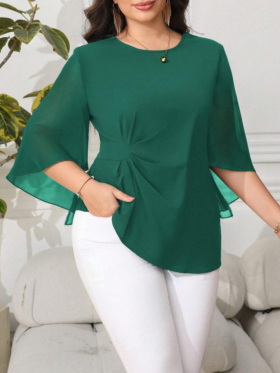 Reflora Plus Size Women's Elegant Solid Color Pleated Blouse - Olive Green - View 1