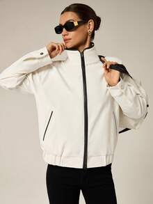 Hanevo Women's Elegant Leather Patchwork Double-Zipper Long Sleeve Jacket - Black and White - View 1