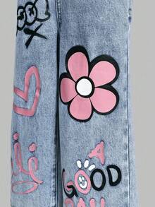 SHEIN ChillGRL Toddler Girl Overalls Girls Floral, Heart, Rainbow Graffiti Print Casual Comfortable Soft Denim Jumpsuit Kids Denim Overalls Toddler Overalls  Girls Overalls Girls Jeans Overalls Girls Jean Overalls Kid Overalls Girls Y2k Halloween Christmas Fall/Winter Holiday Cotton  Vacation White Old Money Childrens Jeans Overall Girls Overall Jumpsuit Girls Denim Overalls - Medium Wash - View 5