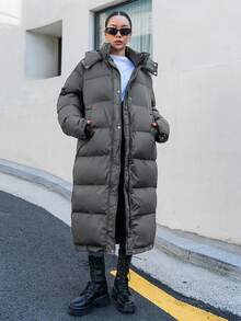 DAZY 女士纯色连帽拉链长袖羽绒服，冬季 - 灰色 - 查看 5