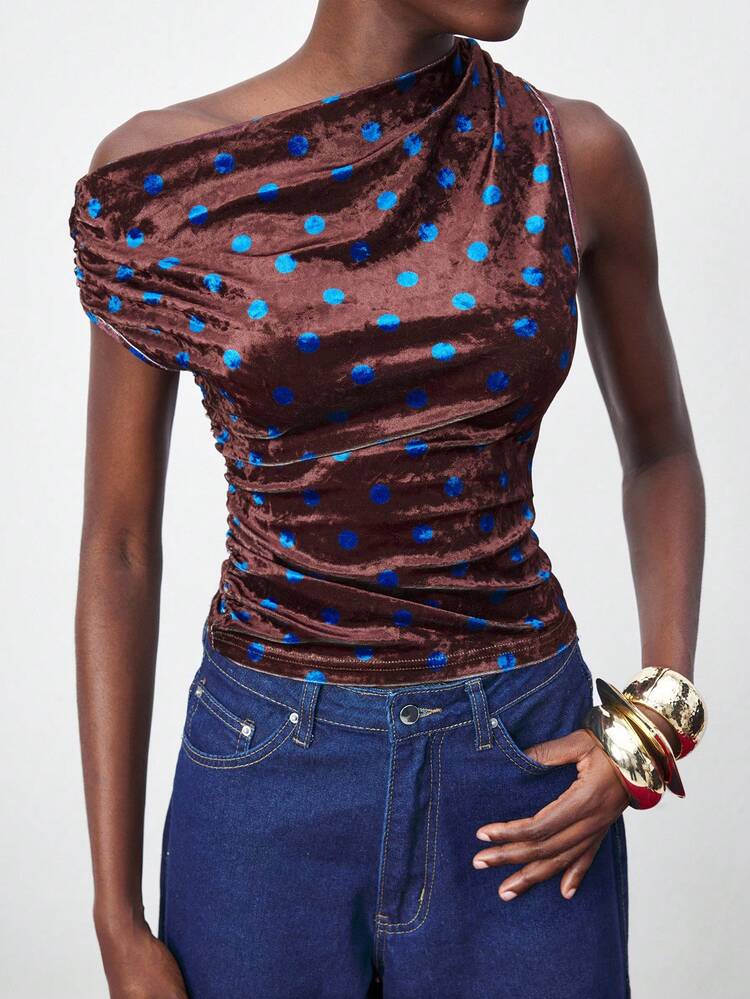 SHEIN Maija Women's Multi-Color Polka Dot Blue Polka Dot Asymmetric Collar Design Ruched Detail Sleeveless Waist Ruched Shaping Business Casual Office Wear Low-Key Vintage Elegant Urban Commuter Top, Suitable For Magazine Editor, Urban Social, Vacation, Party, Versatile Basic Top, Street Fashion Cafe Relaxed Style