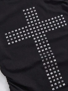 ROMWE Grunge Punk Áo thun Y2K Punk Kpop Cross Rivet Oblique Shoulder Fitted Solid Color Multi-Satile T-Shirt - màu đen - Xem 2