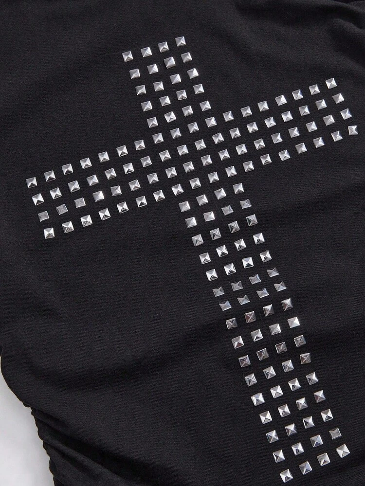 ROMWE Grunge Punk Spring/Summer Y2K Punk Kpop Cross Rivet Oblique Shoulder Fitted Solid Color Versatile T-Shirt - Black - View 2