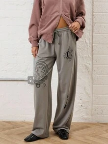 COUREZ 低腰直筒印花运动裤 / Y2K 风格外出穿搭 秋季女装 冬季服装 返校季 阔腿裤 灰色裤子 - 灰色 - 查看 4