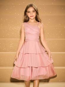 Tween Girl Elegant Dusty Pink Multi-Tier Hem Mid-Length Formal Dress,Asymmetric Shoulder Strap Summer Graduation Dress For Evening Party,Prom,Wedding - Pink - View 6