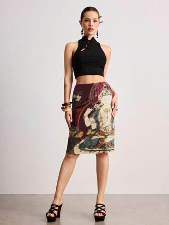 ROMWE Avant Jupe femme style thangka peinture de Bouddha esthétique oriental floral