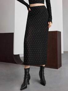 Ontre 2025 休闲时尚，黑色，修身直筒廓形，波尔卡圆点，女式半身裙，网眼面料，修身，商务休闲，办公室通勤，日常穿着，秋冬 - 黑色 - 查看 5