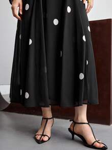 Ontre 2026SS Spring/Summer Women's Long Polka Dot Dress, Black & White, Party & Valentine's Day, A-Line Waist Cinched, Long Sleeve, Round Neck, Casual Chic, Business Casual, Commute, Slimming, Daily Urban Stylish, Minimalist Elegant, Versatile Long Dress - Black - View 7