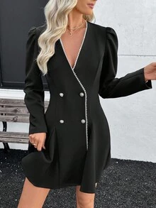 SHEIN Đầm dài tay dáng ôm bó eo tay đèn lồng thanh lịch dành cho nữ, mùa thu - màu đen - Xem 6
