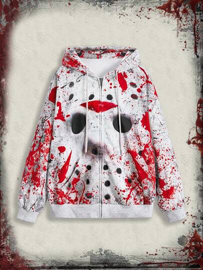 Friday the 13th X ROMWE هوديي سحاب مع طباعة أقنعة أفلام الرعب والحروف للنساء، مناسب للربيع والخريف