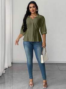 SHEIN Clasi Blusa elegante de talla grande con cuello y cintura fruncida de unicolor - Verde - Ver 7