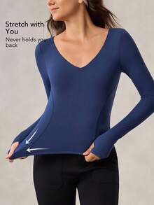 OutZeal Koszulka sportowa na siłownię, treningowa, z długim rękawem i dekoltem w serek, szybkoschnącym, modelującym brzuch, dopasowana do ciała, z otworami na kciuki - Niebieski - Zobacz 3