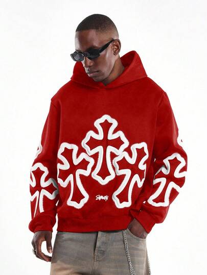 SUMWON Sudadera con capucha estilosa con diseño de cruz blanca y estampado de graffiti oversize, perfecta para el estilo casual de calle en otoño e invierno, ideal para usar en Halloween