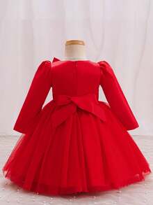 Glamorique Kids Ropa de Navidad para bebé niña, vestido de fiesta de Navidad y cumpleaños para bebé niña, conjunto de otoño de manga larga, vestido elegante rojo con lazo 3D, tul y malla etérea, vestido de princesa esponjoso