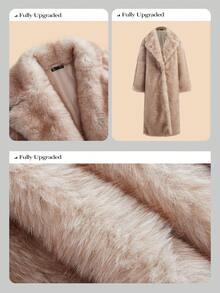 Anewsta 奢华蓬松人造毛领修身中长款大衣，冬季人造毛外套 - 米色 - 查看 3