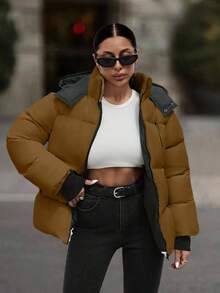 EURMUSE Hooded Zipper Detailed Contrast Rib Cuff Quilted Women's Casual Puffer Down Jacket - Brown - View 5