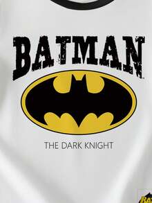 BATMAN X SHEIN Young Boy Summer Casual Street Bat Logo And Letter Graphic Striped Short Sleeve T-Shirt - White - View 4