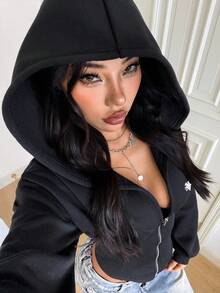 SHEIN EZwear 女士休闲简约刺绣Logo卫衣，适合秋冬季节，拉链款 - 黑色 - 查看 3