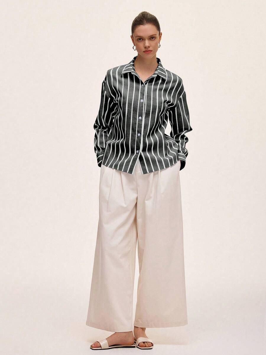 Chiquease 蓝白配色，舒适通勤休闲日常穿搭，春夏条纹衬衫女款条纹衬衫条纹上衣 - 黑色 - 查看 1