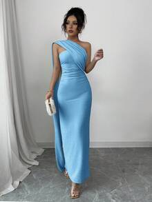 Elenzga 女式新款蓝色欧美时尚优雅派对轻盈成熟高端不对称领口斗篷性感褶皱腰身修身紧身后背中心开衩性感闪亮弹力针织优雅舒适约会派对情人节连衣裙