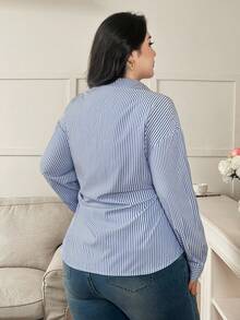 Modelyn Plus Size Casual Commuter Striped Waist Shirt - Blue - View 2