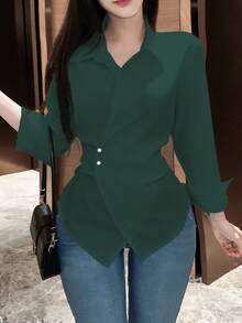 SHEIN LUNE 女士纯色不对称下摆交叉裹身优雅长袖女式衬衫 - 綠色 - 查看 3
