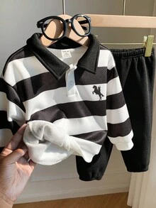 SHEIN 2件套男/女童休闲可爱撞色Polo领长袖卫衣和裤子两件套，适合秋冬季节。男童两件套条纹Polo衫套装，男童两件套服装，男童休闲套装，长袖男童服装，3岁男童服装，男童运动服秋季服装。 - 彩色 - 查看 6
