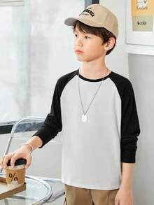 SHEIN 男童休闲圆领拼色袖针织T恤 - 黑色 - 查看 4